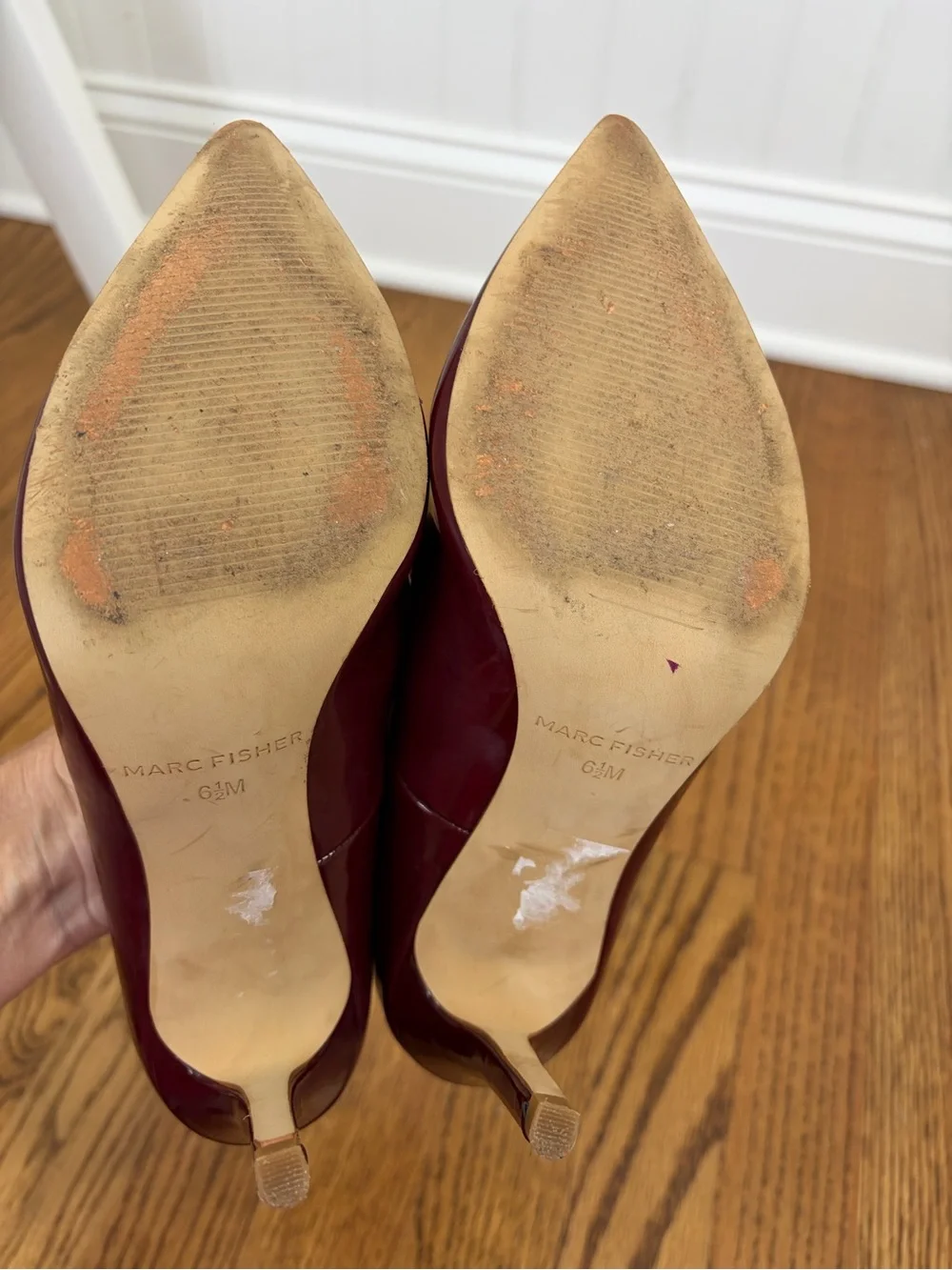 Marc Fisher Patent Triple-Strap Pointed-Toe Mary Jane Burgundy Heels (6.5)